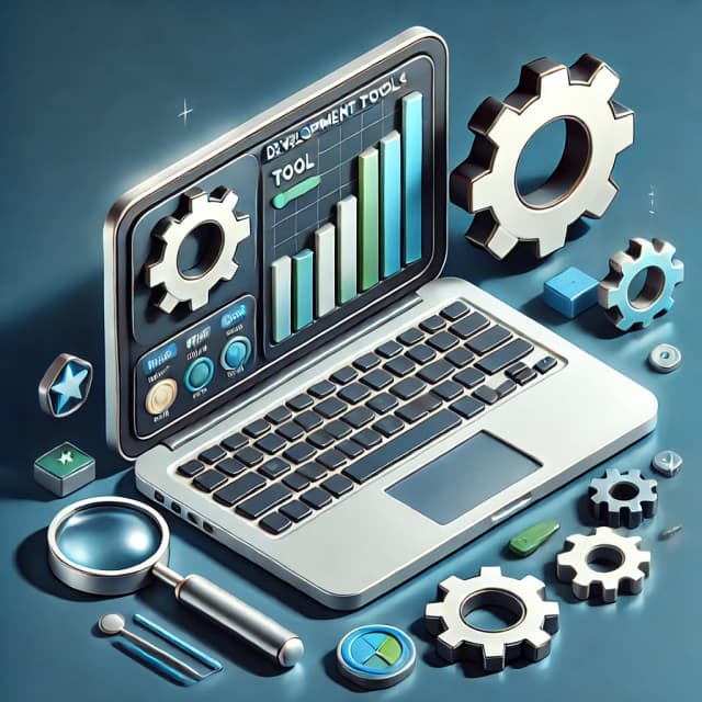 Illustration of a laptop displaying a tool review chart, with gears and magnifying glass representing development tool analysis.