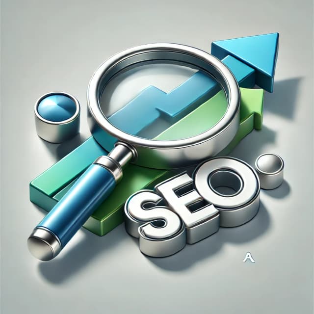 Illustration of a magnifying glass and upward arrow, symbolizing search engine optimization and increased website rankings.