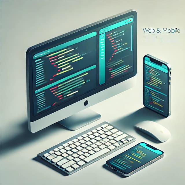 Illustration of a desktop computer and smartphone displaying code, representing web and mobile development.